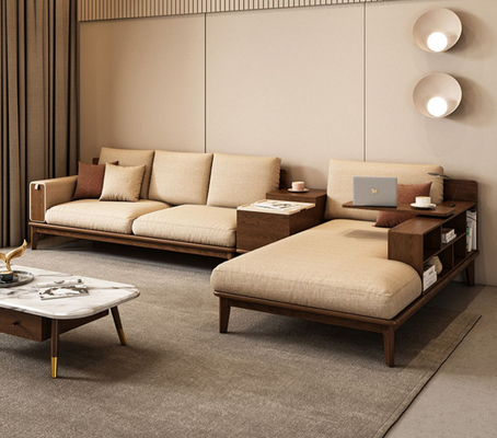 ISO9001 Villa Furniture Walnut Color With Fabric Upholstery L Shape Sofa